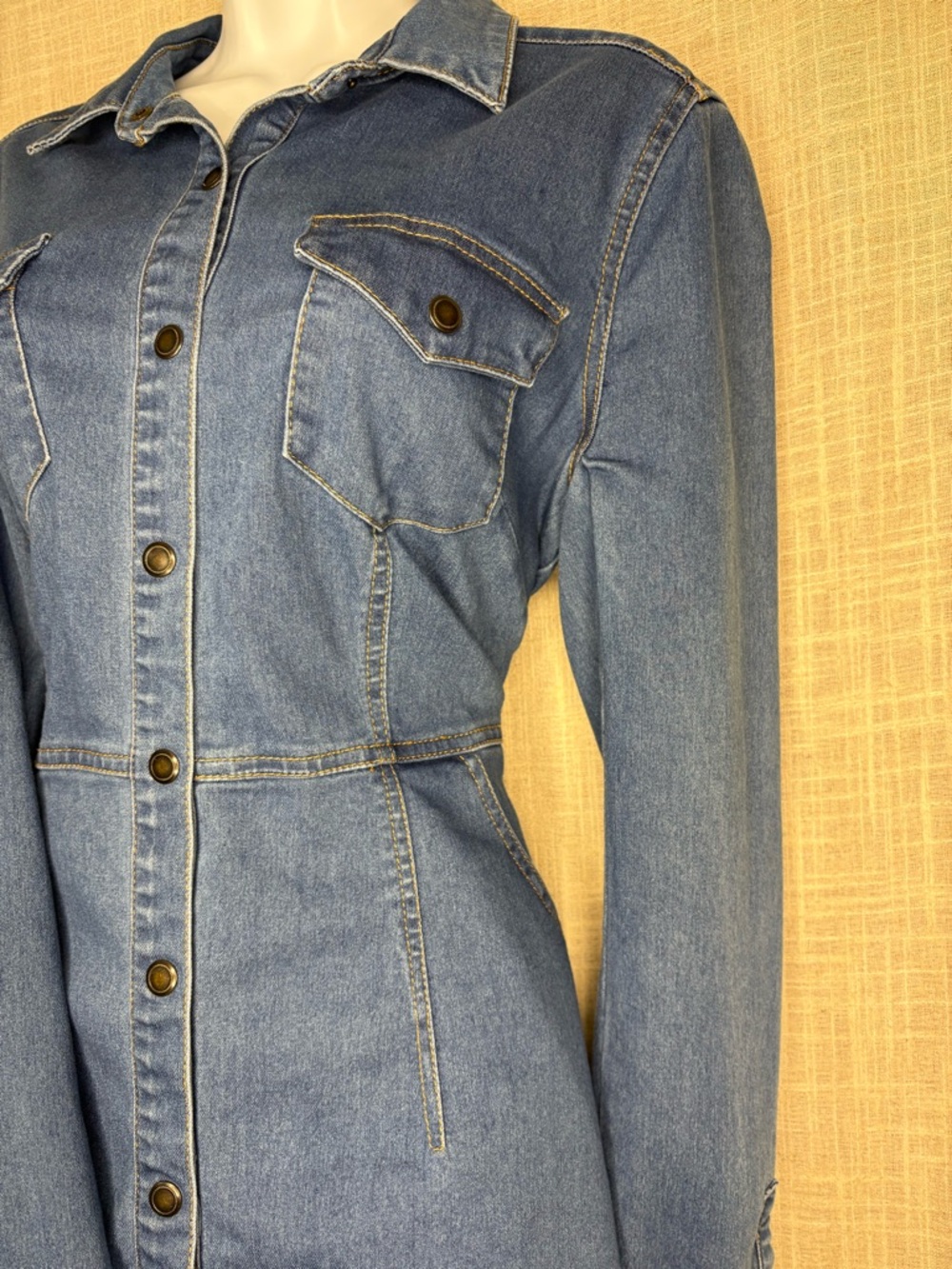 Free People Dynomite Denim Mini Shirt Dress Medium Wash Long Sleeve - Size S - Picture 2 of 6